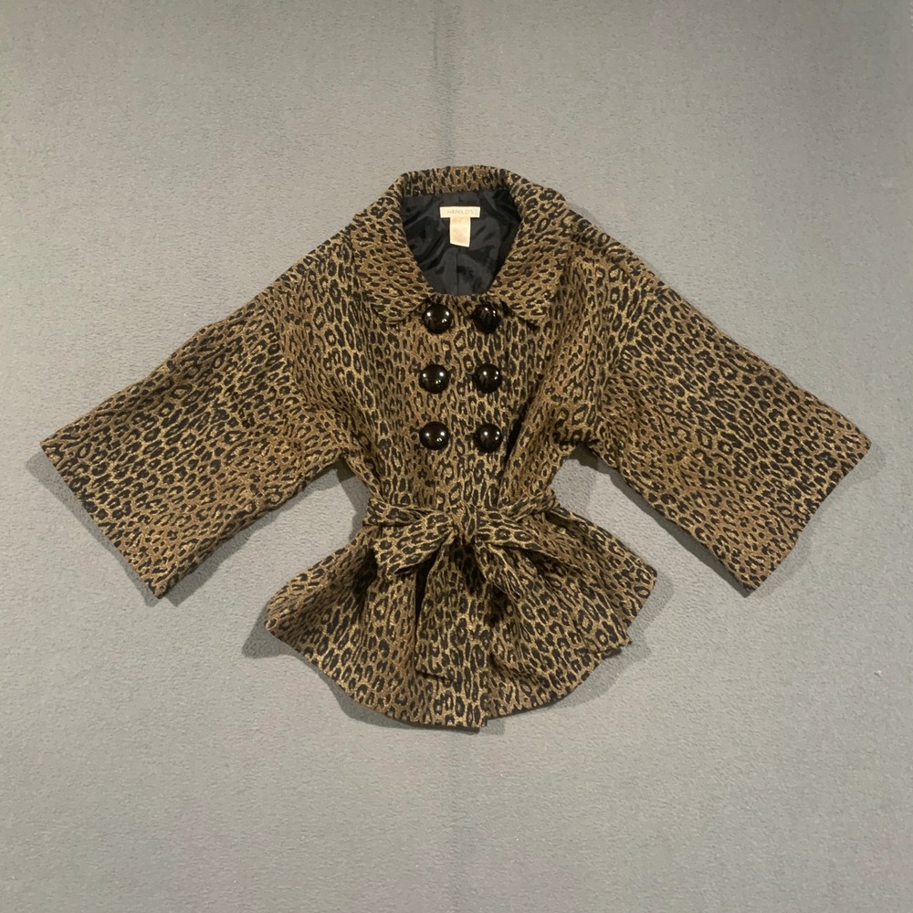 Harold's Leopard Print Jacket Women Size 0 Gold Metallic Double Breasted Belted